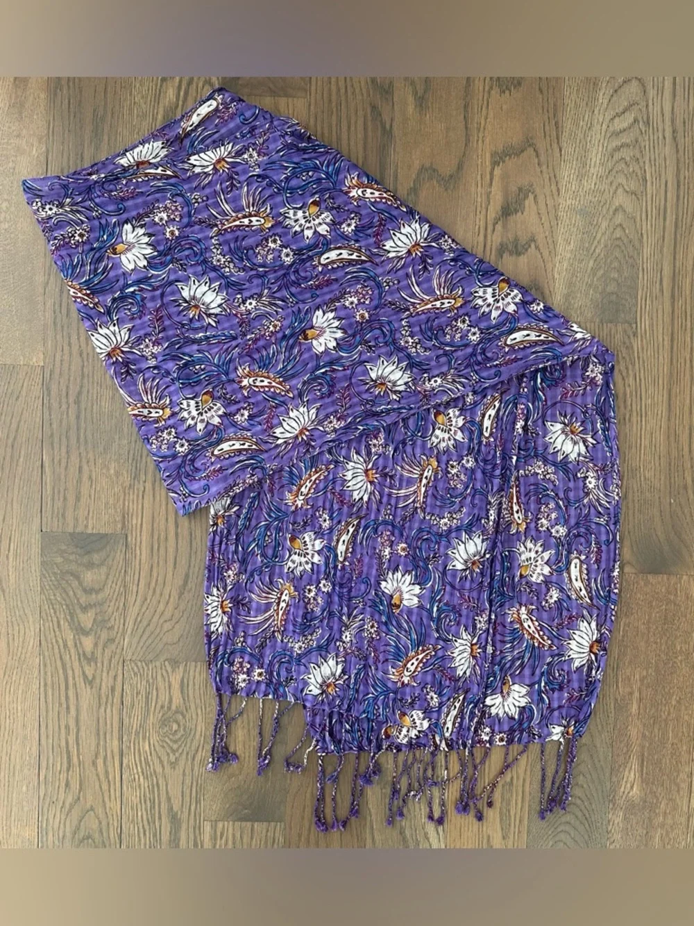 Anthropologie Floral Block Print Gauze Oblong Fringe Scarf Purple Multicolor 72